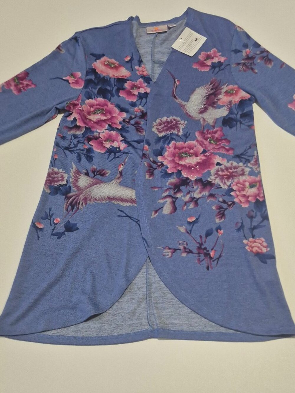 Quacker Factory Women Floral Bird Cardigan Size S Top 3/4 Sleeve Blue Open Front